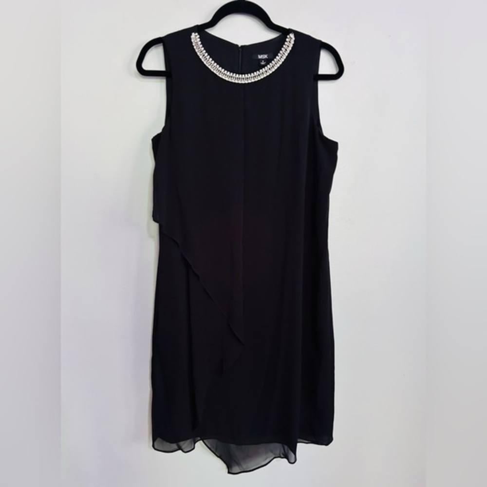 MSK Black Beaded Neck Asymmetrical Hem Sheer Overlay Dress Women’s Size 6